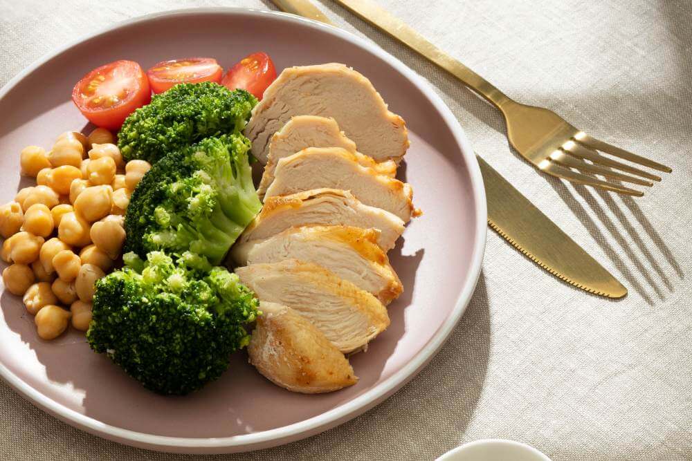 Plate of sliced chicken, broccoli, chickpeas and tomatoes