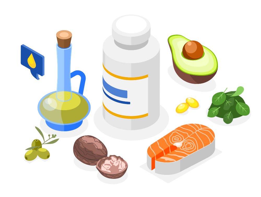 Isometric illustration of omega 3 sources: salmon, avocado, walnuts, oil and supplement bottle